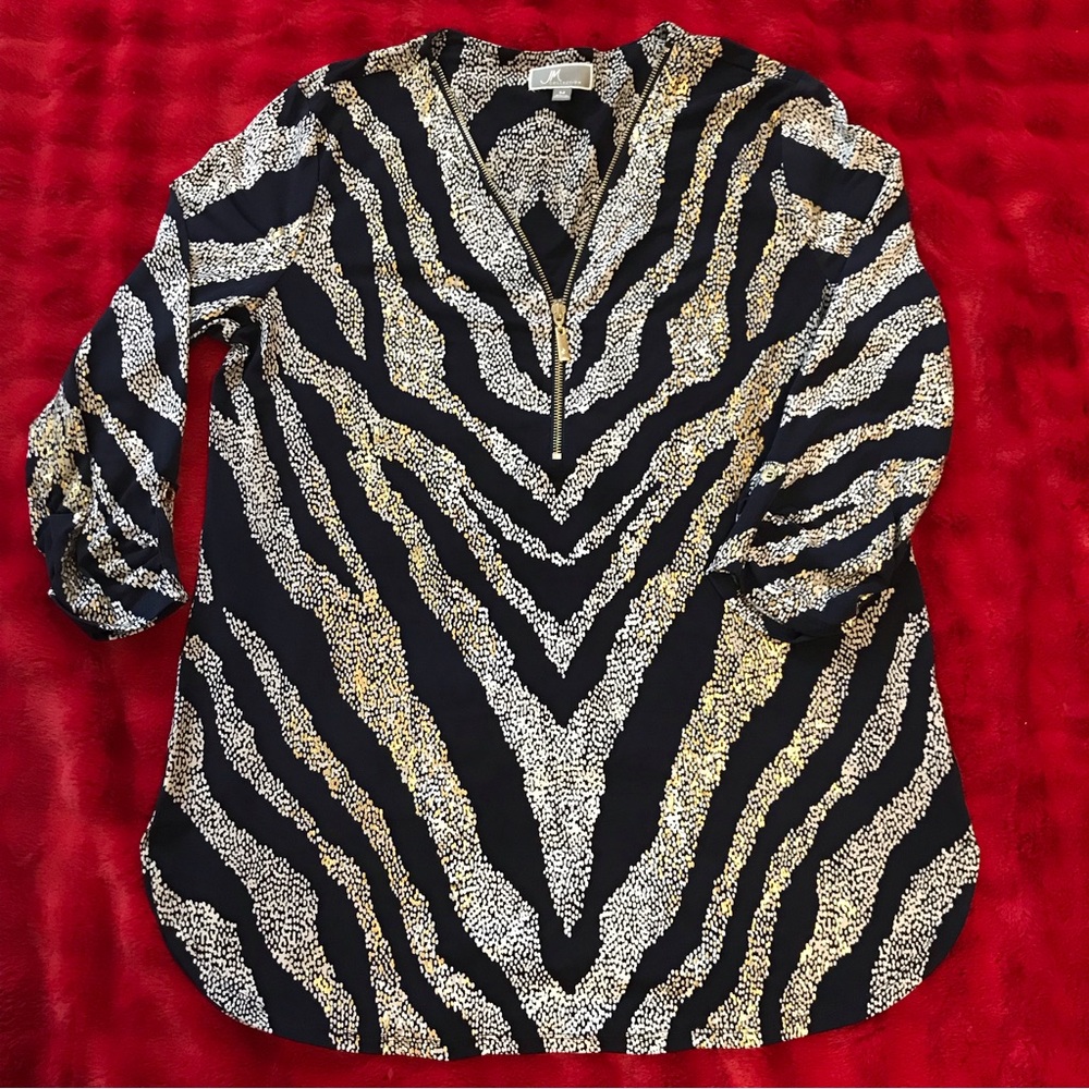 JM Collection Navy/White/Beige/Gold Zebra Print Top